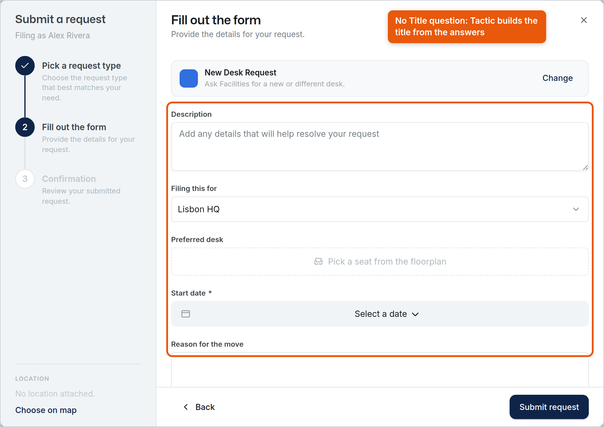 The Fill out the form step of a new request, showing Description, Filing this for, Preferred desk, Start date and Reason for the move, with no Title question.