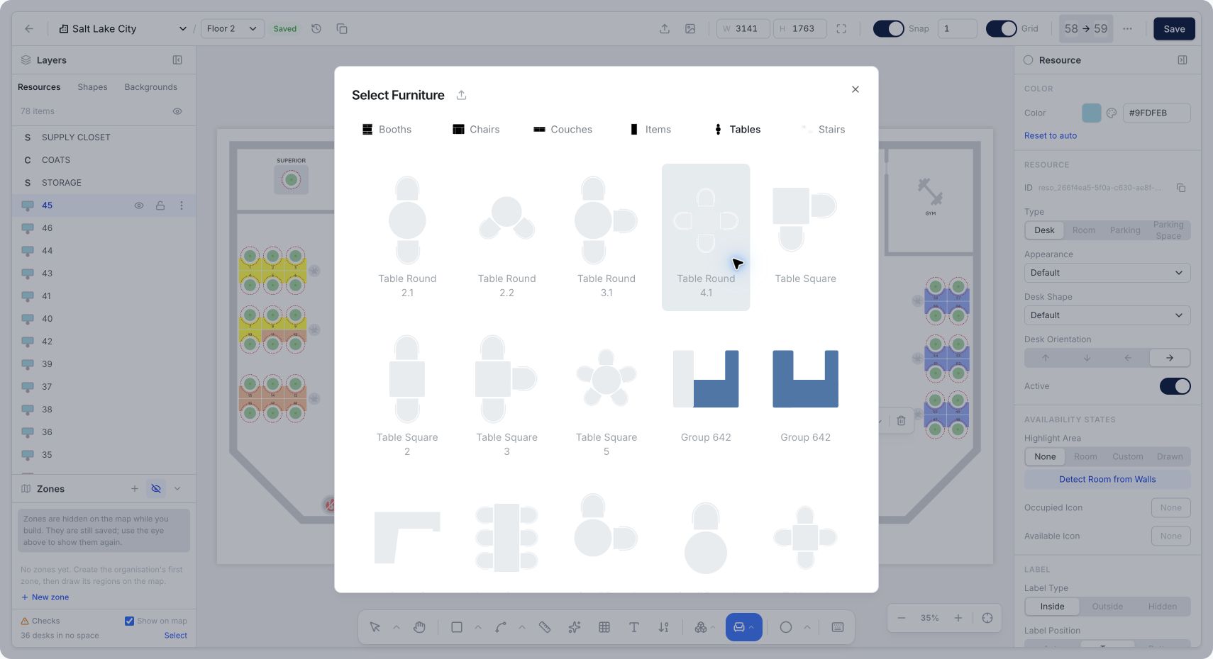 Select Furniture window showing built-in table designs