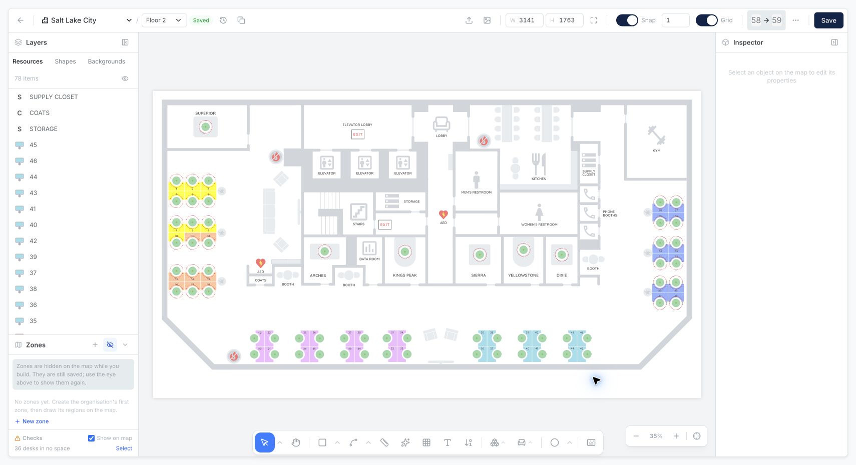 Map Builder editor with Layers on the left, canvas in the center, Inspector on the right, and tools along the bottom