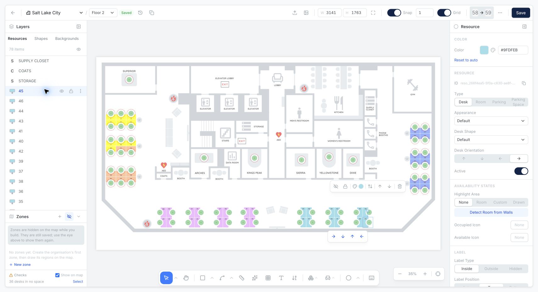 Selected desk showing Color, Desk Orientation, and label controls in the Inspector