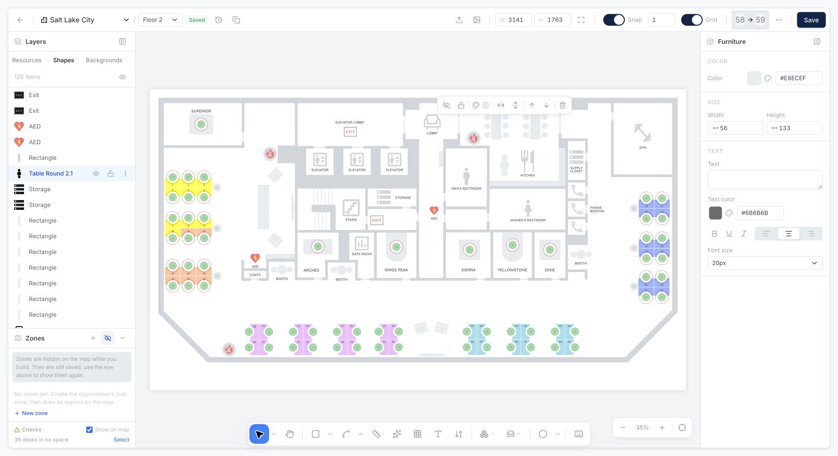 Selected furniture with color, size, and text settings in the Inspector