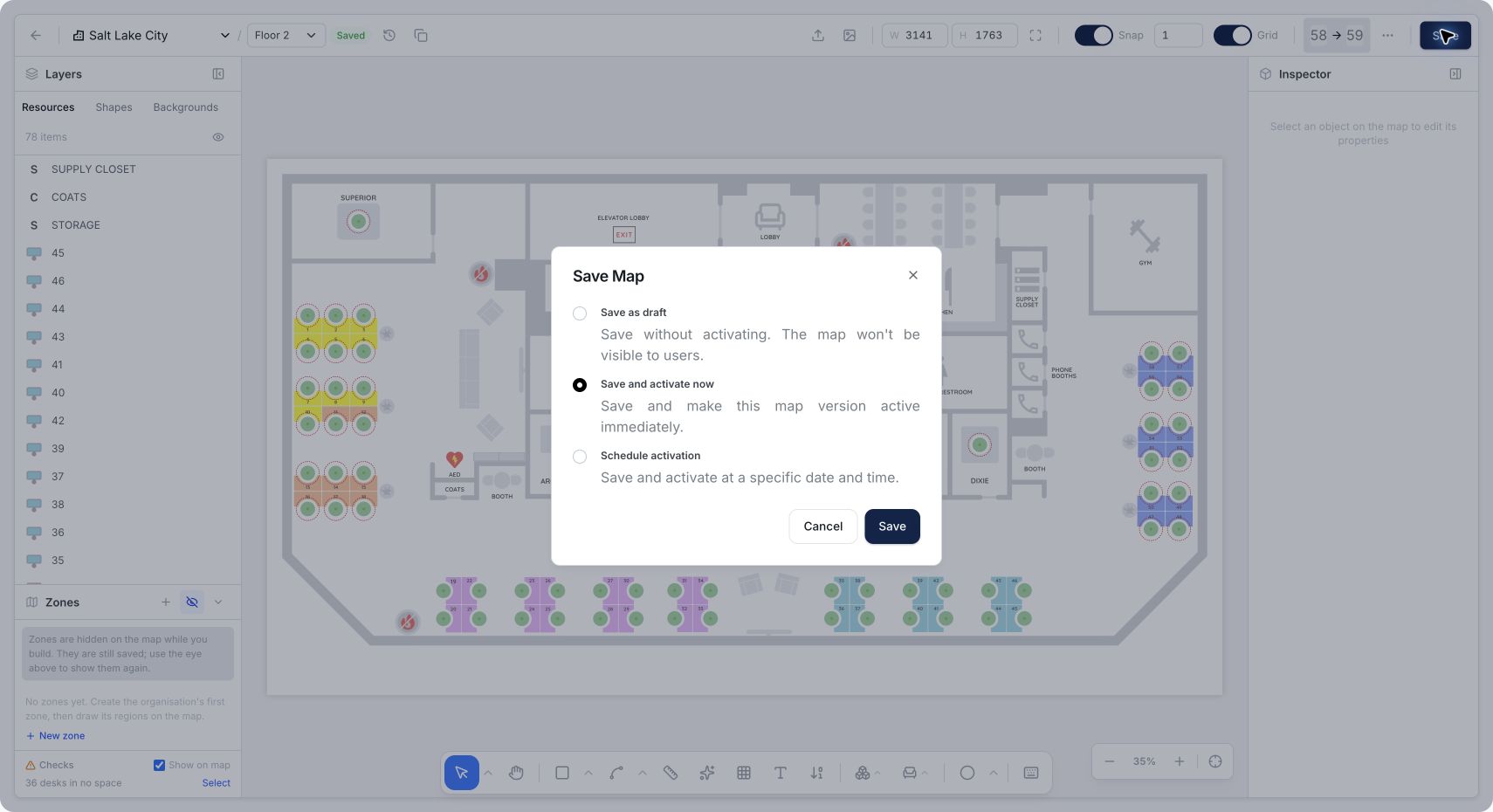 Save Map window showing draft, immediate activation, and scheduled activation options