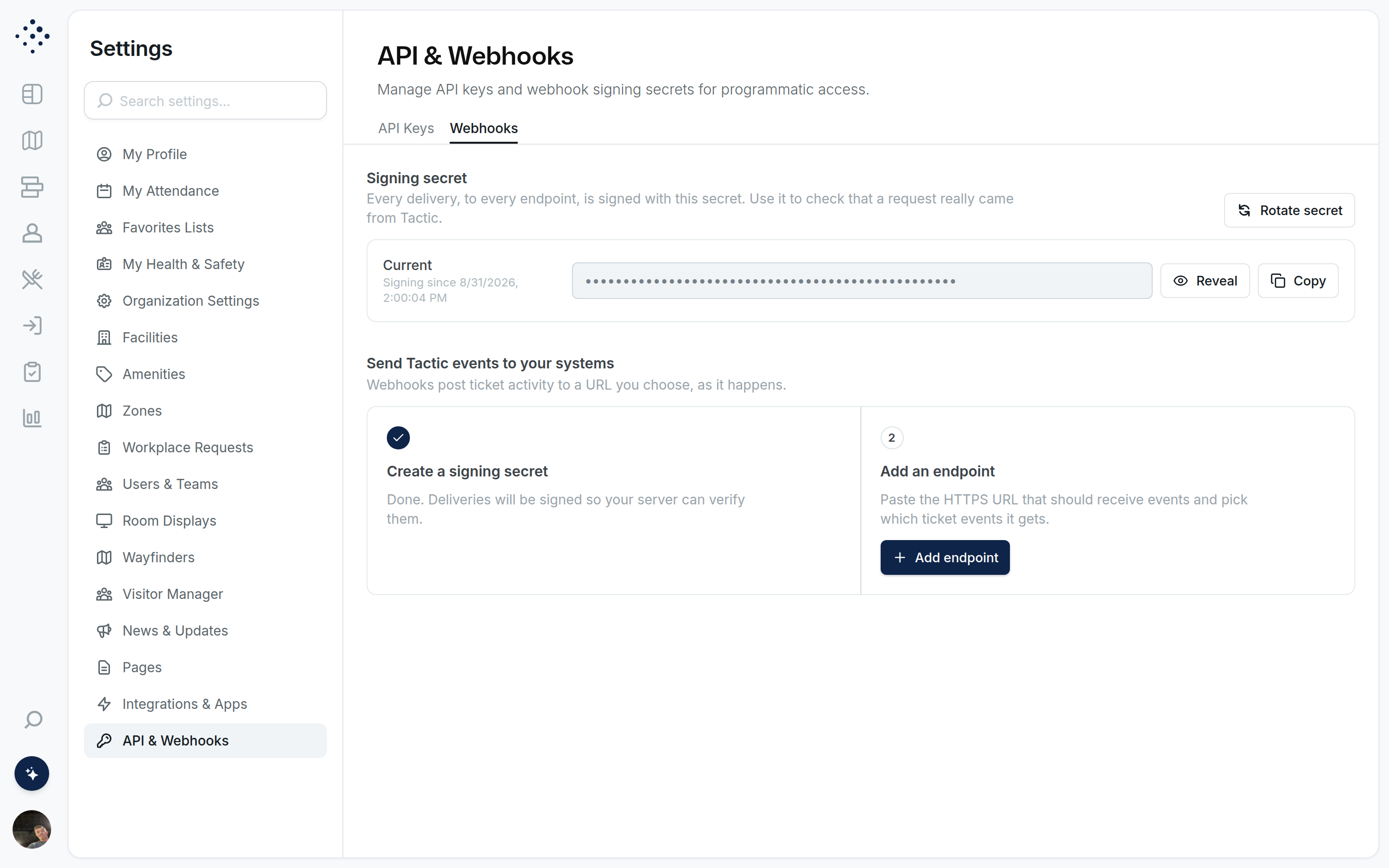 The Webhooks tab of API & Webhooks settings. The Signing secret section shows the current secret hidden, with Reveal, Copy and Rotate secret buttons. Below it, Send Tactic events to your systems shows step 1, Create a signing secret, marked done, and step 2, Add an endpoint, with an Add endpoint button.