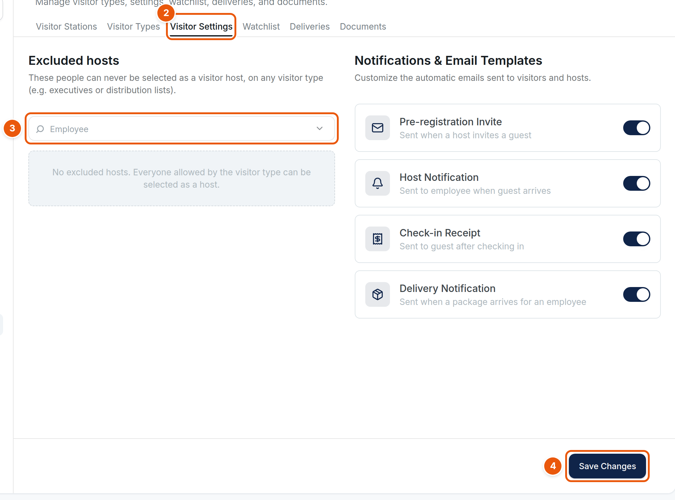 The Visitor Settings tab in Settings. Excluded hosts is on the left with a search box for employees and a message that says no hosts are excluded. Notification email templates are on the right. Numbers 2 to 4 mark the Visitor Settings tab, the search box and the Save Changes button.