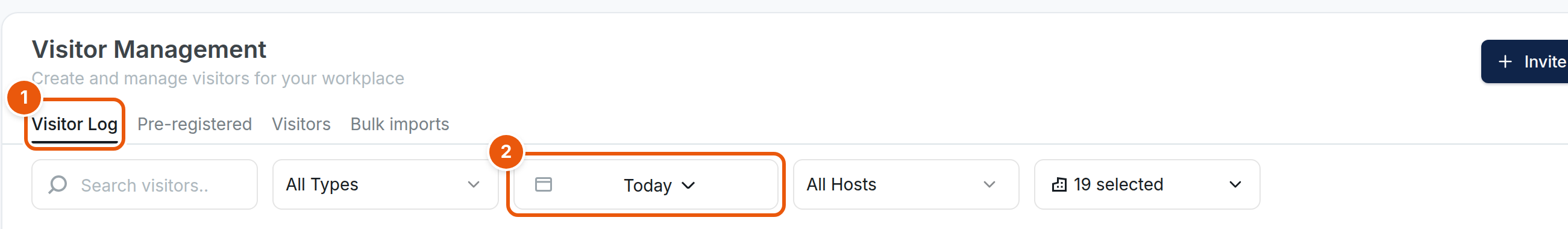 The Visitor Log tab of Visitor Management. Filters across the top are a search box, All Types, a date filter set to Today, All Hosts and a location filter. Numbers 1 and 2 mark the Visitor Log tab and the date filter.