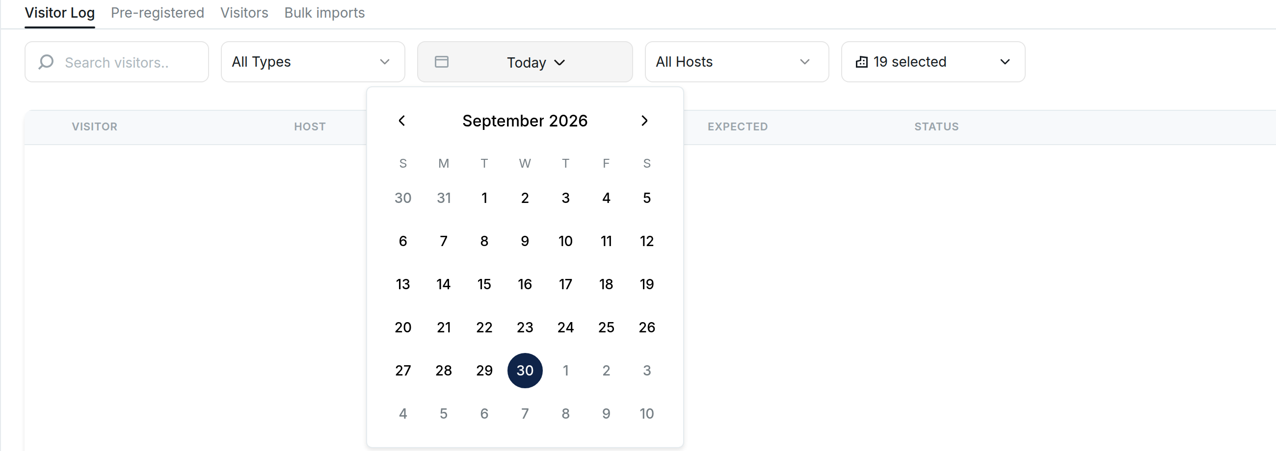 The date filter open on a calendar for September 2026, where you pick the first and last day of the range.