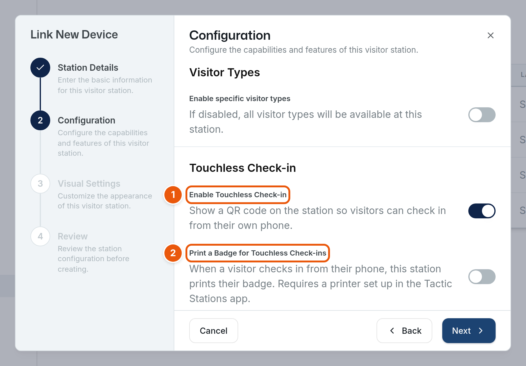 The Configuration step of the Link New Device window. Under Touchless Check-in, Enable Touchless Check-in is turned on and Print a Badge for Touchless Check-ins is turned off. Numbers 1 and 2 mark the two settings.