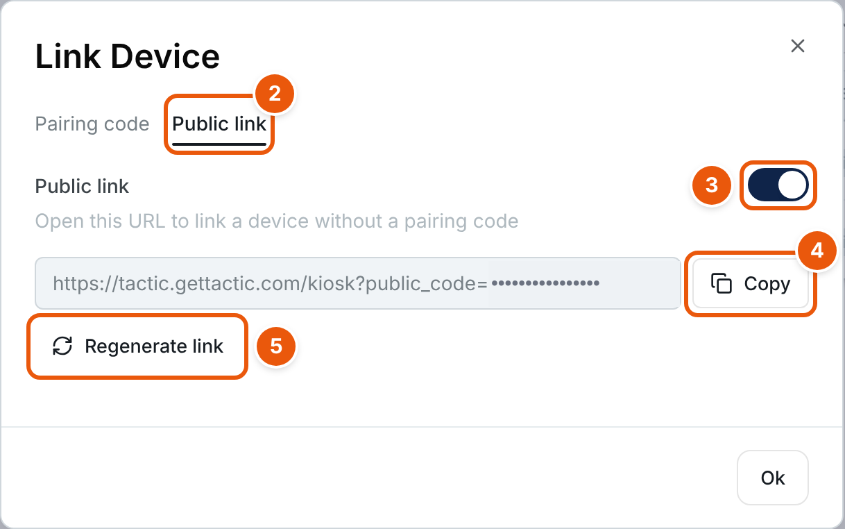 The Link Device window with the Public link tab open. The Public link switch is on, and the link is shown in a field with a Copy button and a Regenerate link button below it. The code at the end of the link is hidden.