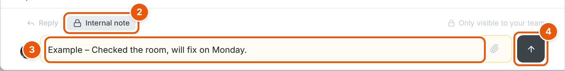 The comment box at the bottom of a workplace request with the Internal note tab selected. The note box is yellow, a note is typed in it, and the label on the right reads Only visible to your team.