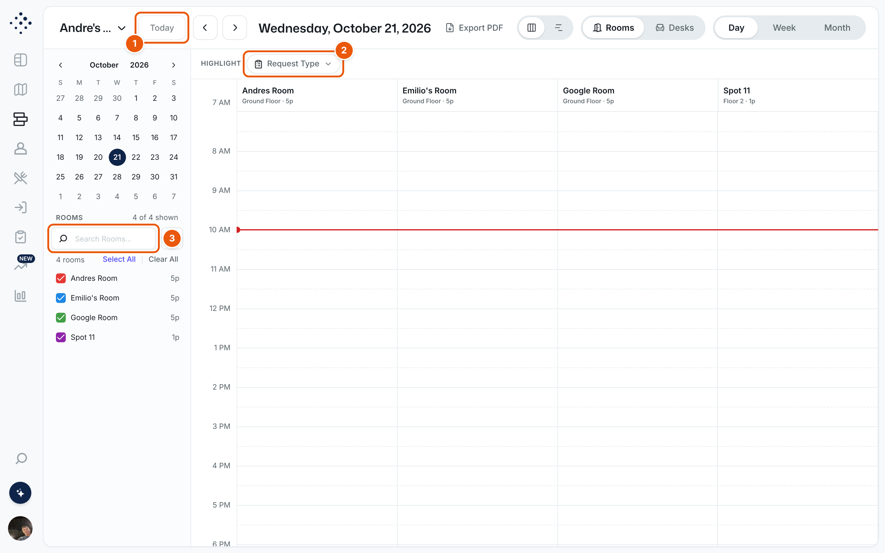 The Timeline day view. The Today button is marked 1, the Highlight Request Type menu is marked 2 and the Search Rooms box in the sidebar is marked 3. The mini calendar sits above the room list, and each room has its own column.