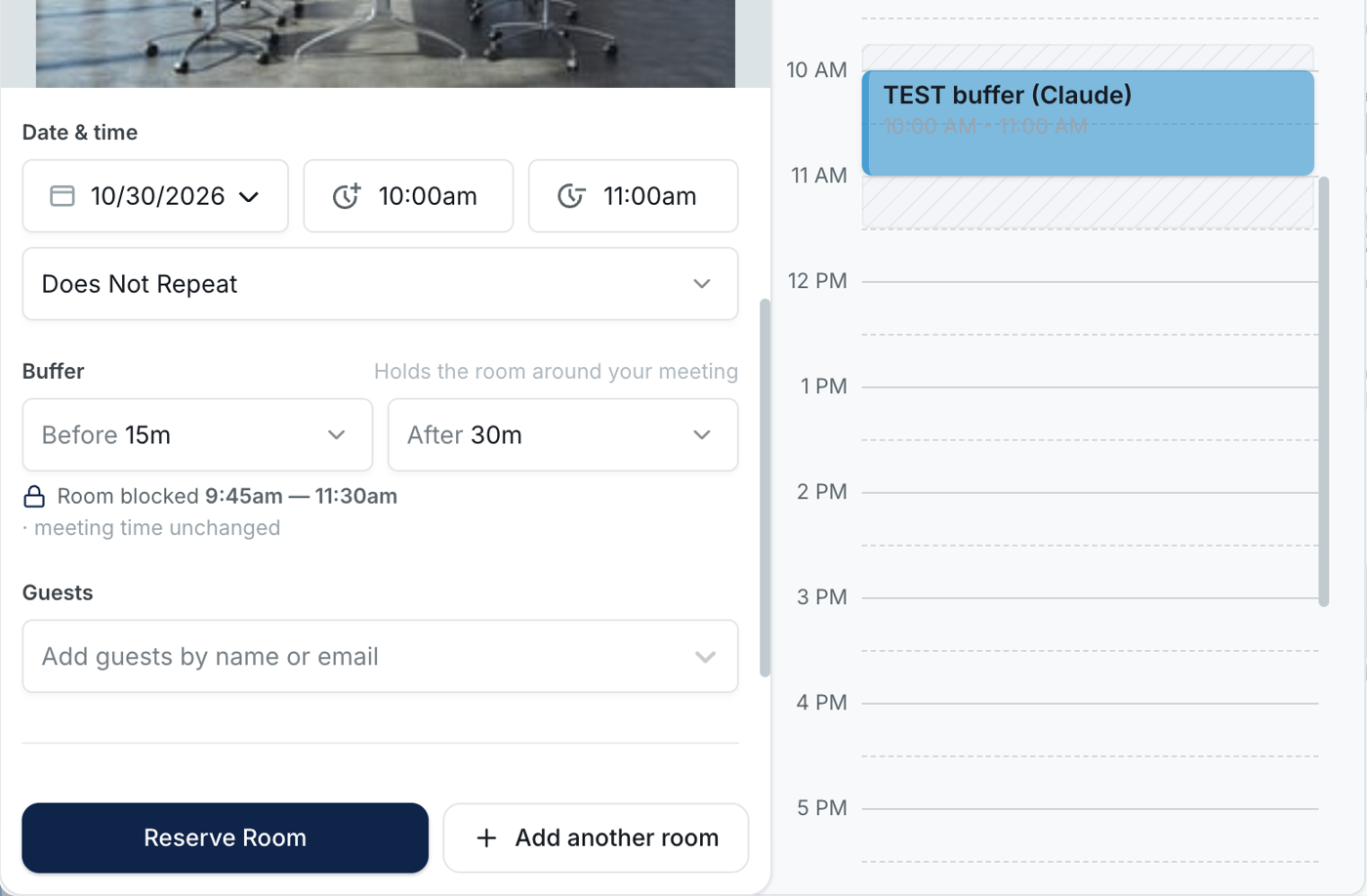 A meeting room form with Before 15m and After 30m buffers, the Room blocked line, and hatched buffer time around the meeting on the timeline