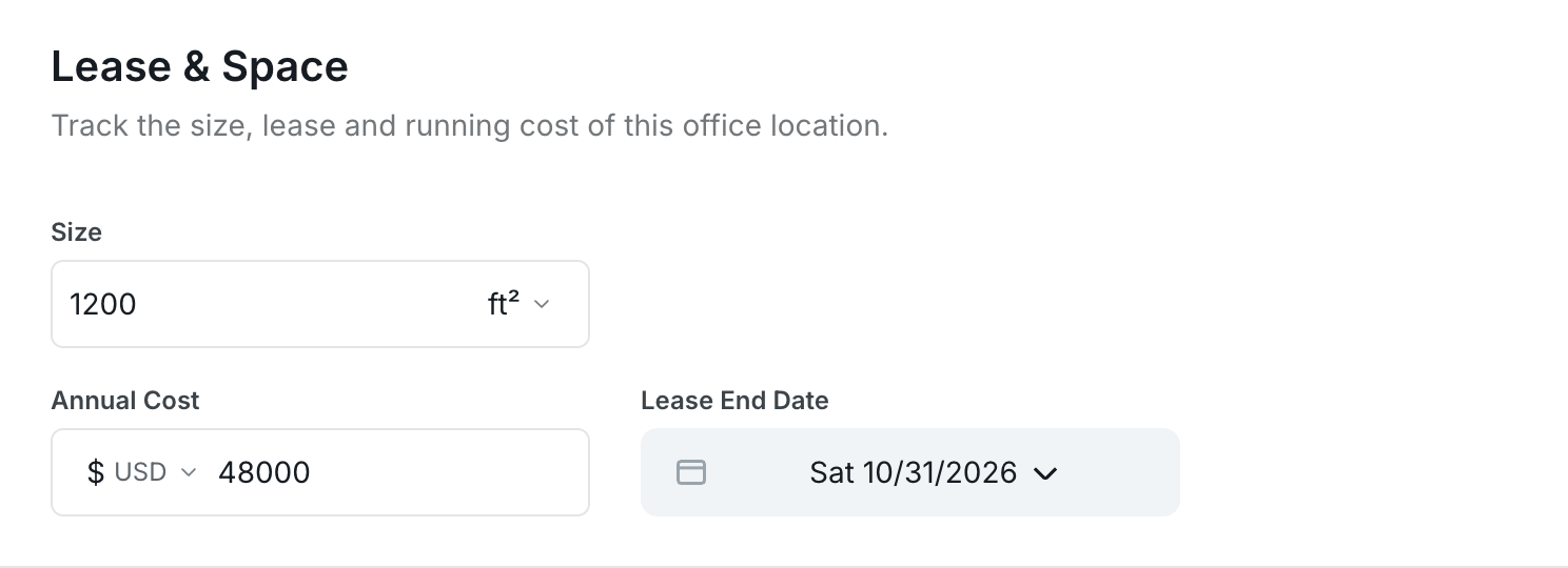 The Lease & Space section with Size 1200 ft², Annual Cost $ USD 48000 and Lease End Date filled in
